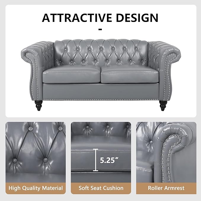 Faux Leather Sofa and Loveseat set, Mid Century Modern Upholstered Couch with Cushions, 2-Piece Home Sofa Living Room Furniture Sets, Comfy Tufted Chesterfield Couches for Bedroom, Office (Grey)
