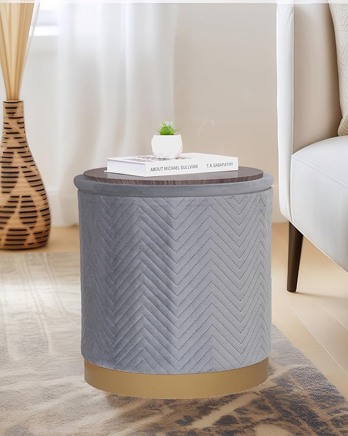 B FSOBEIIALEO Ottoman with Stroage, Round Velvet Storage Ottoman with Gold Plating Base,Foot Rest Stool for Dorm Room, Living Room Grey, 16.73"x16.73"x17.72"
