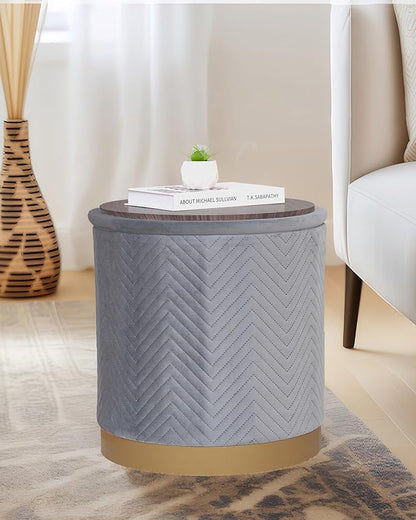 B FSOBEIIALEO Ottoman with Stroage, Round Velvet Storage Ottoman with Gold Plating Base,Foot Rest Stool for Dorm Room, Living Room Grey, 16.73"x16.73"x17.72"