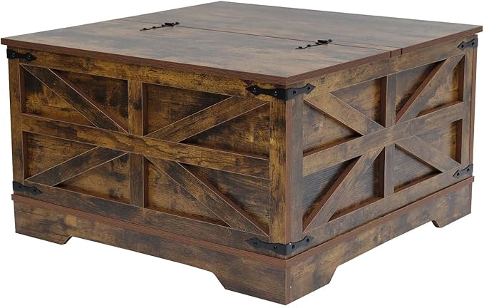 Lift Top Coffee Table, 31.5" Square Coffee Table with Storage, Farmhouse Coffee Tables for Living Room, Cocktail Tables with Large Hidden Compartment, Rustic Brown