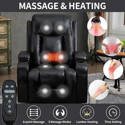 PELUMY Manual Lift Recliner Chair for Elderly with Massage & Heat, Oversized Heavy Duty 350 lbs Recliner with Cup Holders & USB Ports, Infinite Positioning Lift Chair (Breathable Leather, Black)