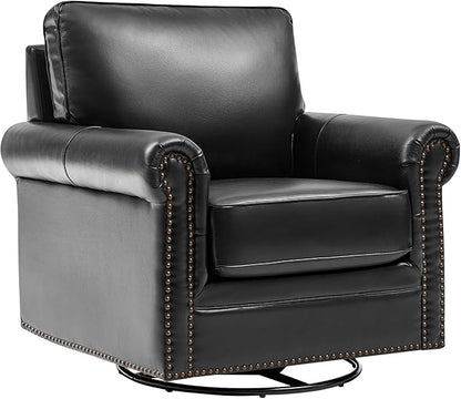 HULALA HOME Swivel Accent Chair Genuine Leather Barrel Rocker Chair with Metal Base Transitional Armchair Padded Round Armrest, Black