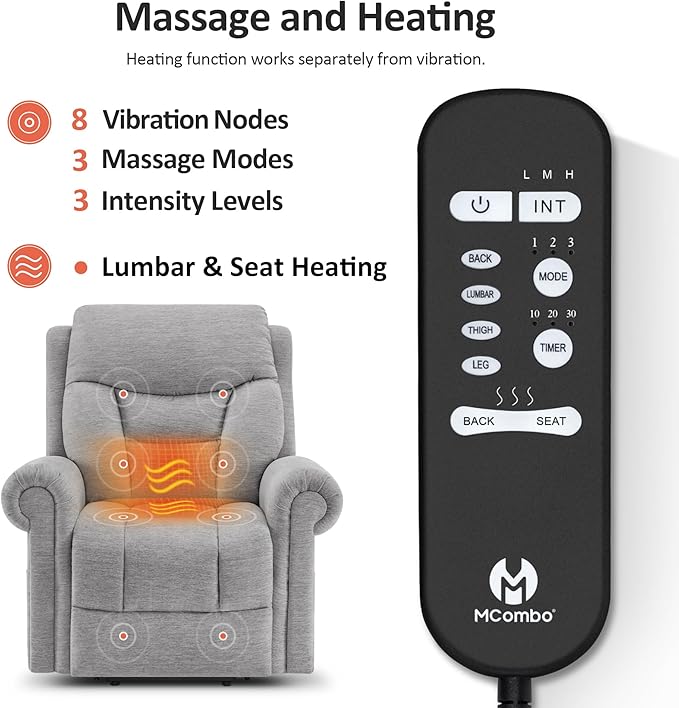 MCombo Triple Motor Power Lift Recliner Chair with Massage and Lumbar and seat Heating, Rolled Arms, Adjustable Headrest for Elderly People, Fabric 7888 (Grey, Medium)