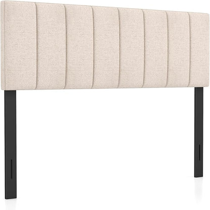 Giantex Linen Upholstered Headboard, Adjustable Width Vertical Channel Tufting Headboard Only with Solid Wood Legs, Attach Frame, Rectangular Headboards for Queen Full Bed, Beige