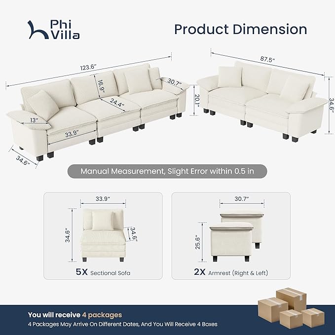 PHI VILLA Cloud Modular Couches Sets, 2 Pieces Sectional Sofa Set with Loveseat, 5-Seater Upholstered Couch for Living Room Small Spaces, Chenille Corduroy Dual Fabric, Beige