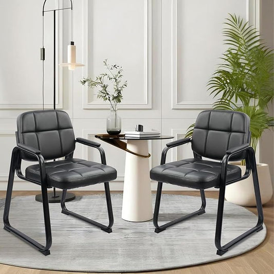 CLATINA Waiting Room Chairs with Padded Arms Leather Guest Chair no Wheels for Office Reception and Conference Desk with Sled Base Black, 2PK