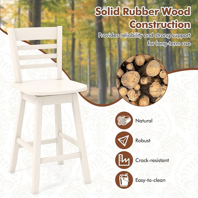 COSTWAY Bar Stools Set of 2, 24.5 Inch Swivel Counter Height Bar Chairs with Hollow Backrest & Contoured Seat, with Footrest for Kitchen Island, Pub, Bistro, Cafe (2, Cream)