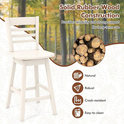 COSTWAY Bar Stools Set of 2, 24.5 Inch Swivel Counter Height Bar Chairs with Hollow Backrest & Contoured Seat, with Footrest for Kitchen Island, Pub, Bistro, Cafe (2, Cream)