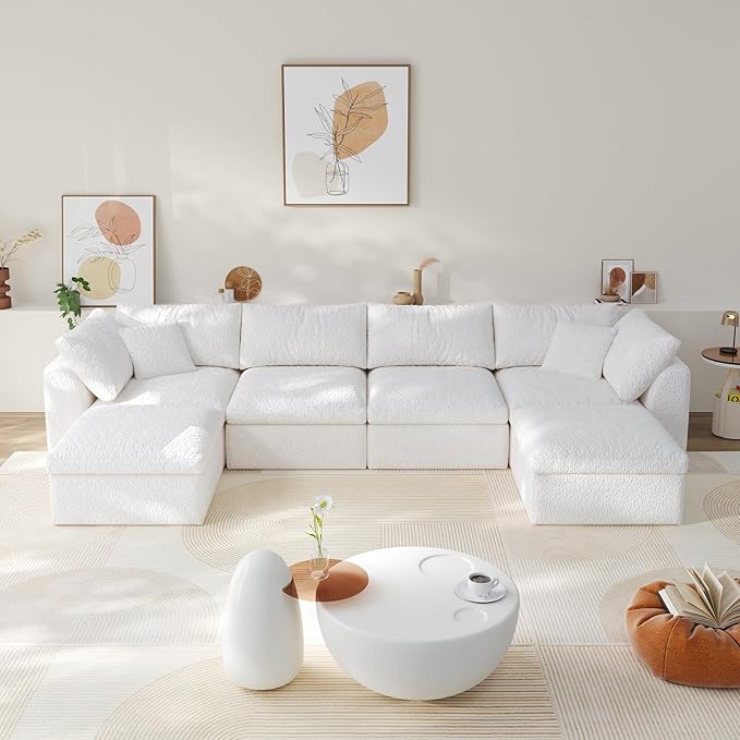 138" Boneless Cloud Couch Modular Sectional Sofa with Deep Seat for Living Room, L Shape Couch with Ottoman, Snowflake Cloth and 40D Memory Sponge，2 Throw Pillows (White, 4 Seater+2 Ottoman)
