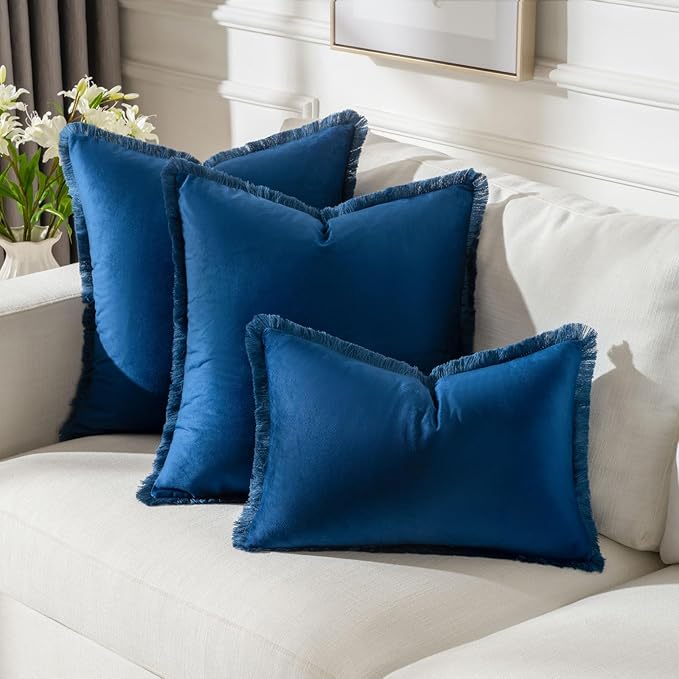 FUTEI Navy Blue Velvet Decorative Throw Pillow Covers 12x20 Set of 2,Soft Cozy Edge with Tassels Lumbar Pillow Cases,Boho Modern Home Decor for Couch Bed Living Room