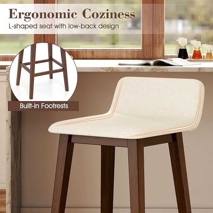 COSTWAY Wooden Bar Stools Set of 4, 29-inch Height Upholstered Padded Seat, Low Backrest, Footrest, Rubber Wood Legs, Armless Bar Chairs for Kitchen Counter Island, Dining Room, Brown+Beige