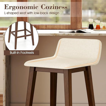 COSTWAY Wooden Bar Stools Set of 2, 29-inch Height Upholstered Padded Seat, Low Backrest, Footrest, Rubber Wood Legs, Armless Bar Chairs for Kitchen Counter Island, Dining Room, Brown+Beige