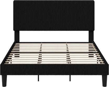 Allewie King Size Upholstered Bed Frame with Vertical Channel Tufted Headboard, Soft Corduroy Fabric Platform Bed, Strong Wooden Slats Support, Easy Assembly, No Box Spring Needed, Black