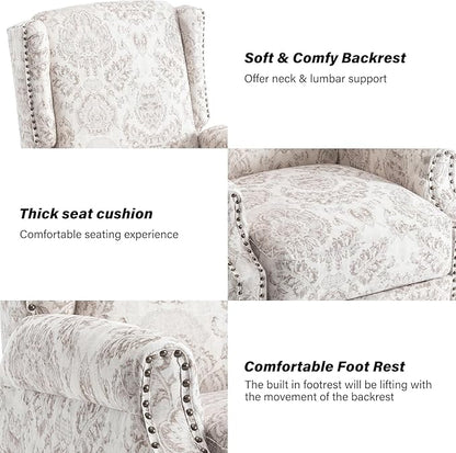 Wingback Recliner Chair Set of 2, Floral Fabric Pushback Recliner Chair, Upholstered Armchair Push Back Recliner, Rivet Trim Single Sofa Accent Chair with Wood Legs for Living Room, Beige