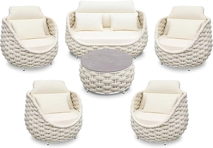 Sunroom Furniture Sets: 6 Pieces Aluminum Woven Rope Patio Conversation Sofa Set Cushioned - Modern Outdoor Couch Set No Assembly - Armchair Set Porch Deck Garden Poolside Gazebo Hotel - Beige