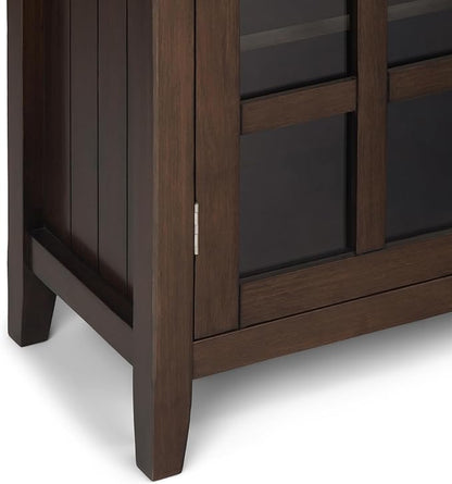 SIMPLIHOME Acadian Storage Cabinet - 39 inch Wide Solid Wood 4-Shelf Display Cabinet in Natural Aged Brown, Transitional Cupboard for Living Room or Dining Room with Glass Doors and Adjustable Shelves
