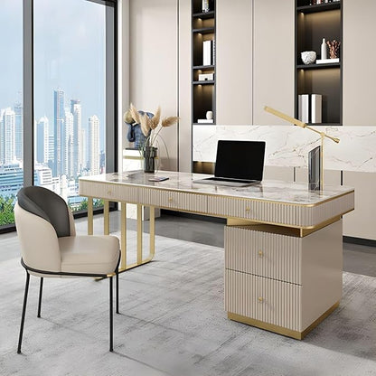 RUNNUP Stone top Computer Desk with 5 Drawers, Rectangular Home Computer Desk Writing Desk, Modern Executive Desk, Without Chairs, Black, 55" L x 23.5" W x 29.5" H