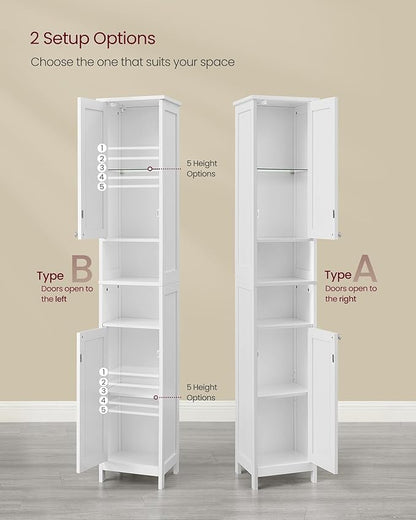 VASAGLE Tall Storage Cabinet with Lights, Slim Freestanding Cabinet with Adjustable Shelves, for Small Spaces, Bathroom, Living Room, Modern, 11.8 Inches Wide, Cloud White UBBC566W02