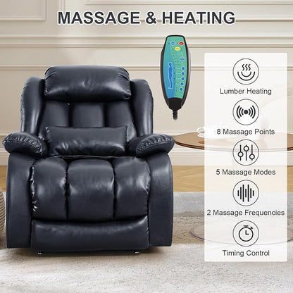 EDILLY Large Reclining Lift Chair, Dual Motor Massage Chair, Genuine Leather Recliner with Heating and Massage for Seniors, with Double Lumbar Cushion and Extended Footrest, USB Port(Blue)
