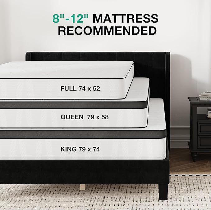 Novilla King Bed Frame, King Bed Frame with Headboard, Velvet Upholstered Pull-Point Wing Side Headboard, No Box Spring Needed, Heavy Duty Feet, Easy Assembly, Black Velvet
