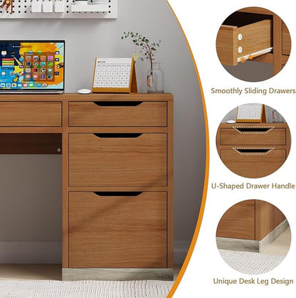 52 Inch Desk with 4 Drawers, Small Computer Desk for Small Space, Home Office Desk with Storage File Cabinet for Bedroom, Brown