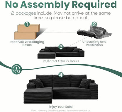 107" Boneless Couches for Living Room, Modular Cloud Sectional Couches L Shaped Sofa with Oversized Chaise Comfy Corduroy Home Sofa (Black, Left Facing Chaise)