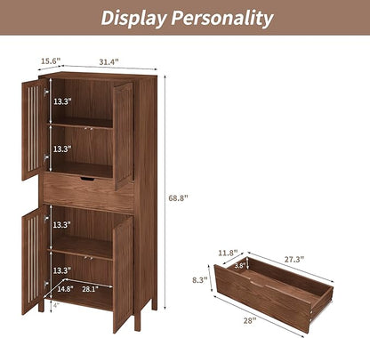 69" Tall Farmhouse Storage Cabinet with Drawer & Adjustable Shelves, Grille Door Organizer Unit, Anti-Tip Design for Bathroom, Kitchen, Living Room, Rustic Brown