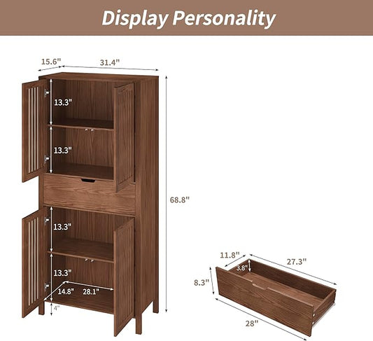 69" Tall Farmhouse Storage Cabinet with Drawer & Adjustable Shelves, Grille Door Organizer Unit, Anti-Tip Design for Bathroom, Kitchen, Living Room, Rustic Brown