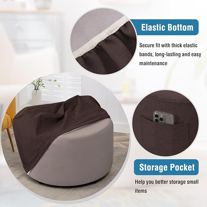H.VERSAILTEX Small Round Ottoman Cover Thick Linen Look Ottoman Slipcover Round Ottoman Storage Cover Folding Stool Covers Furniture Protector for Footrest Ottoman Fit Dia 24" - 26", Heather Chocolate