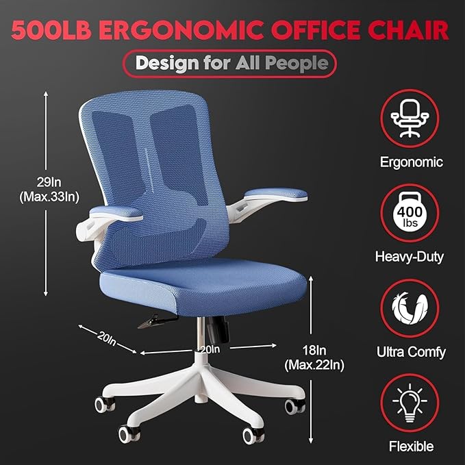Ergonomic Office Chair - 400LB Comfy Desk Chairs with Adjustable Headrest and Lumbar Back Support, Mesh Computer Chairs with Wheels and Arms for Home Office, Study, Bedroom and Dorm (03blue)