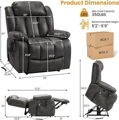 PARKOL Dual Motor Power Lift Recliner Chair for Elderly, 180-Degree Infinite Position Lay Flat Leather Recliner Chairs, with Massage and Heating, USB & Type-C Port and Remote (Sliver Gray, Medium)