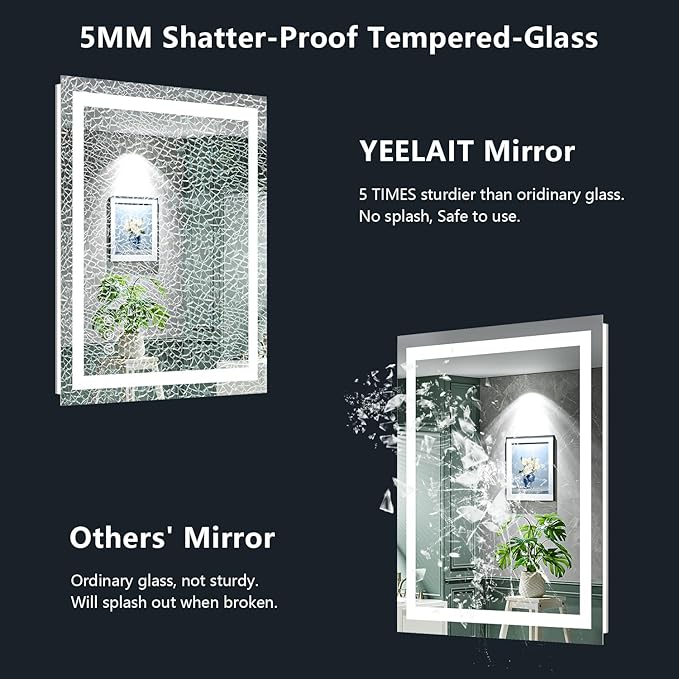 20x28 Inch LED Bathroom Mirror with Lights Front and Backlit Lighted Vanity Mirror for Bathroom Wall with 3 Colors Dimmable Anti-Fog Memory Shatter-Proof IP54 Waterproof Horizontal/Vertical