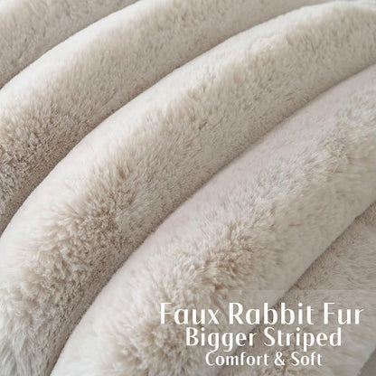 FUTEI Beige Decorative Throw Pillow Covers 18x18 Inch Set of 2, Square Soft Faux Rabbit Fur Thick Striped Cushion Cover,Winter Home Decor for Couch Bed Living Room