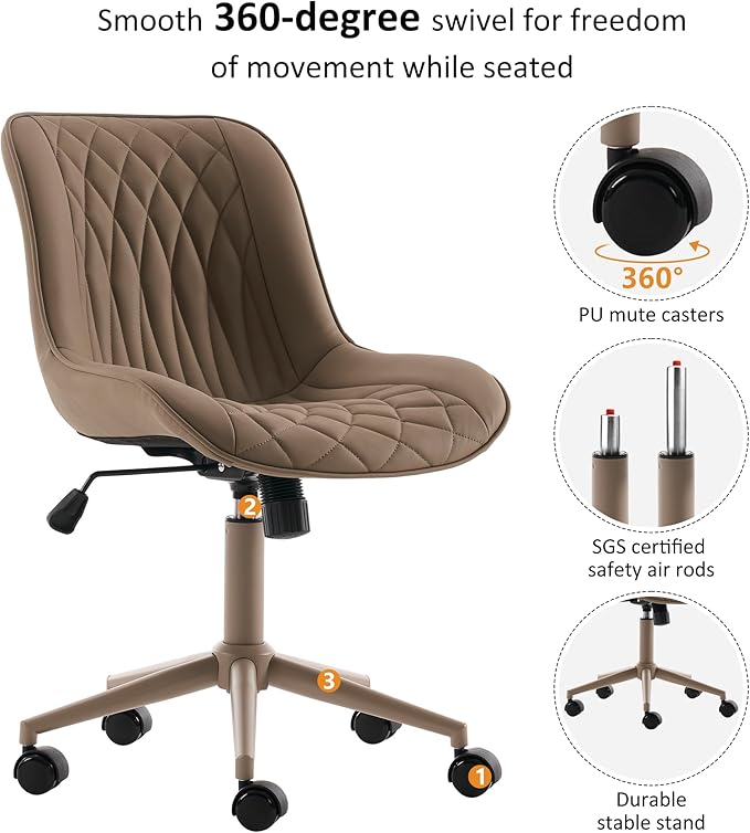YOUNIKE Khaki Home Office Desk Chair No Arms Comfy Small Vanity Chair Chair with Wheels Swivel Adjustable Modern Ergonomic Task with Back Armless Cute Leather Upholstered Rolling Chair