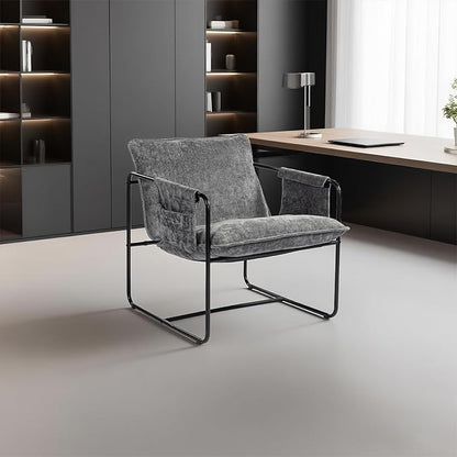 Modern Accent Chair Comfortable Living Room Chairs with Armrests, Bedroom Reading Chair, Chenille Upholstered Lounge Metal Chair
