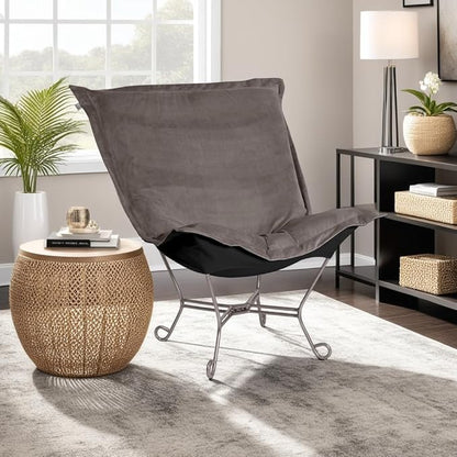 Howard Elliott Scroll Puff Rocker Seating Chair With Cover, Multipurpose Alternate Seating Butterfly Chair with Titanium Frame, Patio Furniture for Camping, Home, Indoor & Outdoor, Bella Pewter