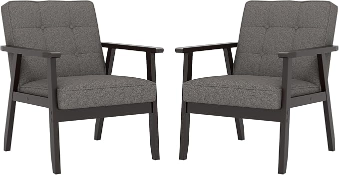 Modern Accent Chair with Arm Rest Set of 2, Upholstered Linen Fabric Leisure Chair Comfy Side Chair with Backrest Button and Wooden Frame for Living Room Bedroom Reading(Gray)