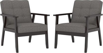 Modern Accent Chair with Arm Rest Set of 2, Upholstered Linen Fabric Leisure Chair Comfy Side Chair with Backrest Button and Wooden Frame for Living Room Bedroom Reading(Gray)