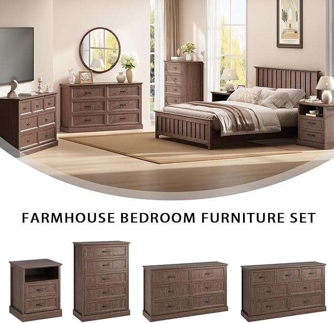 Farmhouse 6 Drawer Dresser for Bedroom, 55 Inch Wide Modern Brown Dresser TV Stand with Large Drawers & Bar Handles, Rustic Wood Chest of Drawers for Bedroom, Living Room, Hallway
