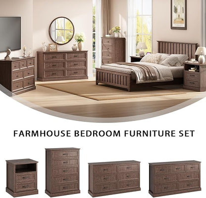 Farmhouse 6 Drawer Dresser for Bedroom, 55 Inch Wide Modern Brown Dresser TV Stand with Large Drawers & Bar Handles, Rustic Wood Chest of Drawers for Bedroom, Living Room, Hallway