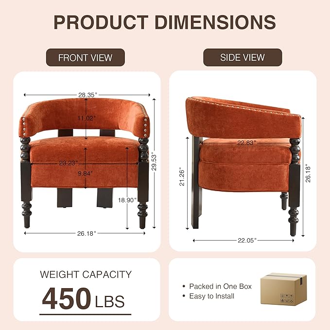 LOULENS Barrel Accent Chairs Set of 2, Vintage Chenille Upholstered Lounge Chair with Solid Wood Legs, Comfy Leisure Side Armchair for Living Room, Bedroom, Reading Nook, Corner, Orange