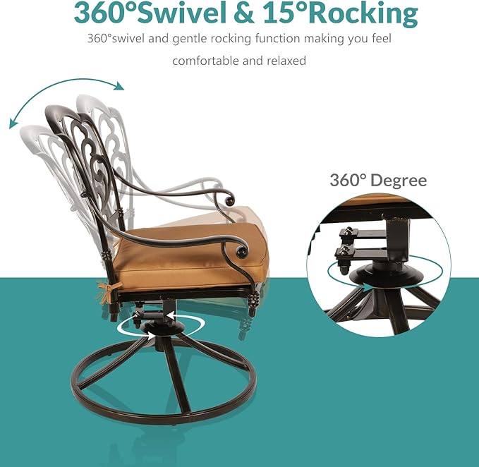 MEETWARM 9-Piece Outdoor Patio Dining Set, All-Weather Cast Aluminum Patio Conversation Set with 2 Swivel Rocker Chairs, 6 Stationary, 1 Oval Table, 8 Cushions, 2" Umbrella Hole