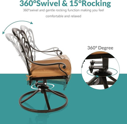 MEETWARM 9-Piece Outdoor Patio Dining Set, All-Weather Cast Aluminum Patio Conversation Set with 2 Swivel Rocker Chairs, 6 Stationary, 1 Oval Table, 8 Cushions, 2" Umbrella Hole