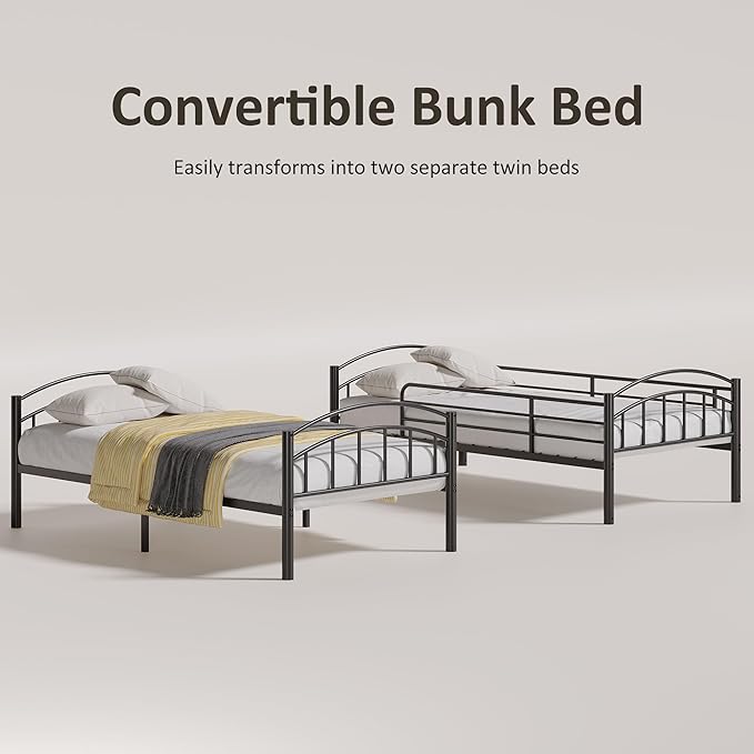 Alohappy Bunk Beds Frame Twin Over Twin, Convertible Into 2 Individual Metal, Removable Ladder & Safety Guard Rail (Black)