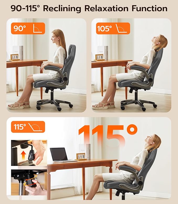 Office Desk Chair, Ergonomic Computer Chair with Padded Flip-Up Arms and Adjustable Lumbar Support, PU Leather Executive Chair with Tilt Lock and 360° Swivel Rolling Wheels for Work, Study