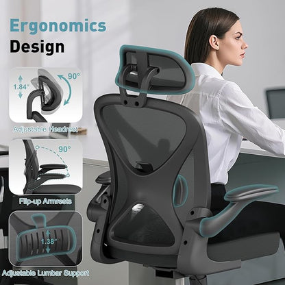 ZZH Ergonomic Office Chair Set of 2 with Adjustable Lumbar Support and Headrest, Mesh Home Office Desk Chair with Wheels and Flip-up Arms, Black