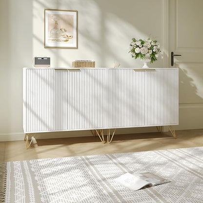 Fluted Storage Cabinet, Set of 2, Sideboard Buffet Cabinet, Modern Wood Accent Cabinet with Adjustable Shelves, Console Table for Living Room, Hallway, Entryway, White