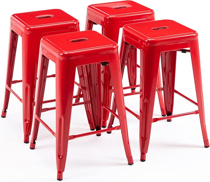 Vogue Furniture Direct 24" High Bar Stools Backless Red Metal Barstools Indoor-Outdoor Counter Height Stools with Square Seat, Set of 4