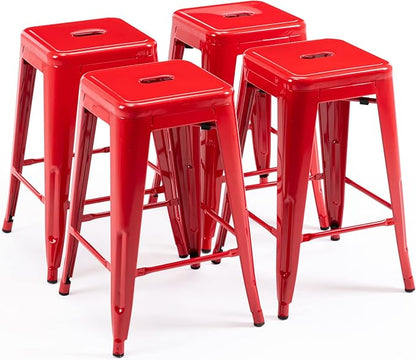 Vogue Furniture Direct 24" High Bar Stools Backless Red Metal Barstools Indoor-Outdoor Counter Height Stools with Square Seat, Set of 4