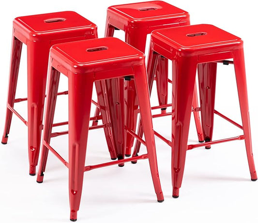 Vogue Furniture Direct 24" High Bar Stools Backless Red Metal Barstools Indoor-Outdoor Counter Height Stools with Square Seat, Set of 4